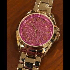 Accutime Rose Gold Tone Metal Band Fuchsia Glitter Dial WM046115 1115